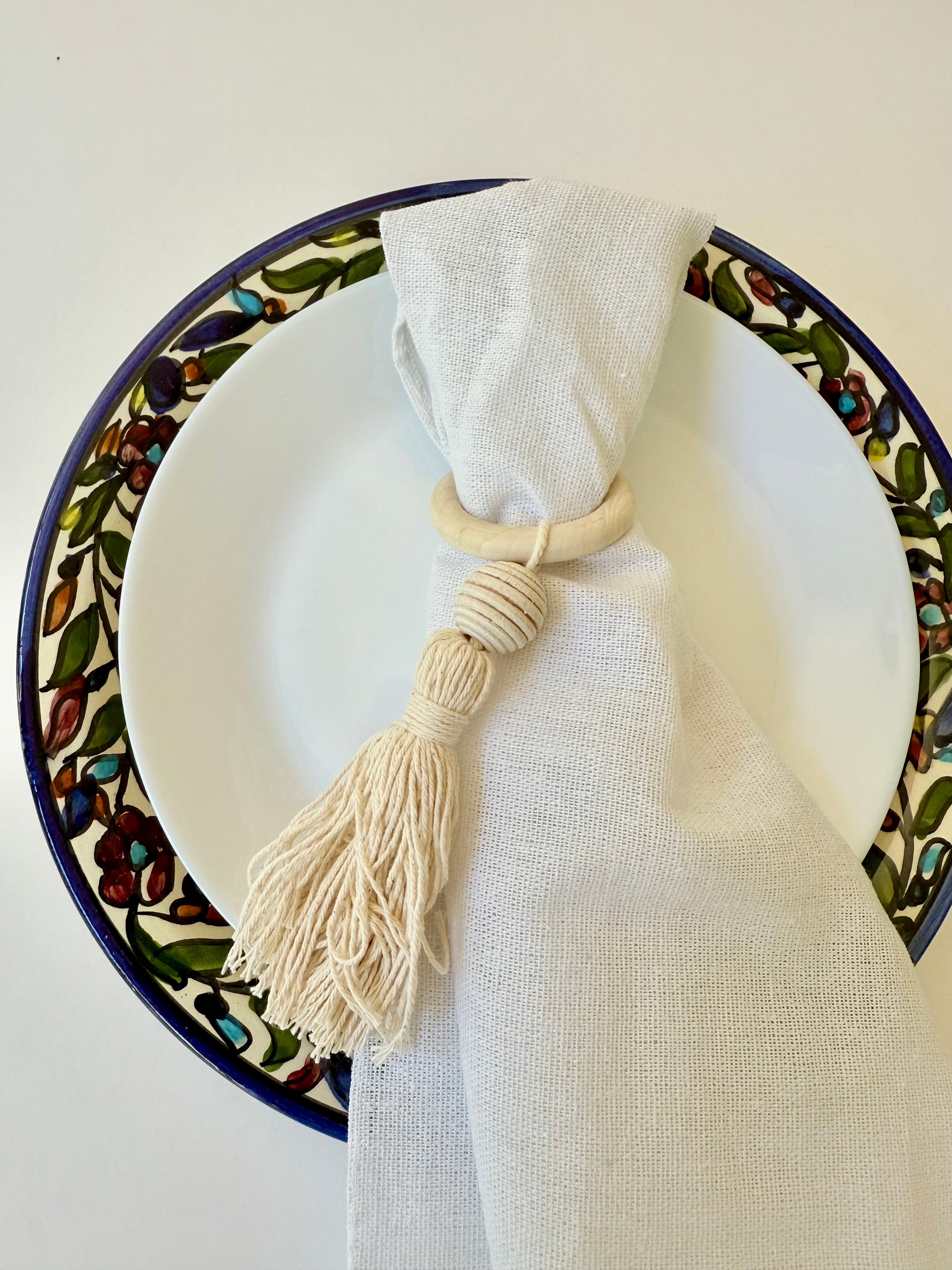 טבעת עץ+גדיל כותנה - שמנת