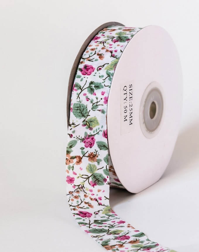 סרט פרחים על כותנה - פרח ורוד + ירוק